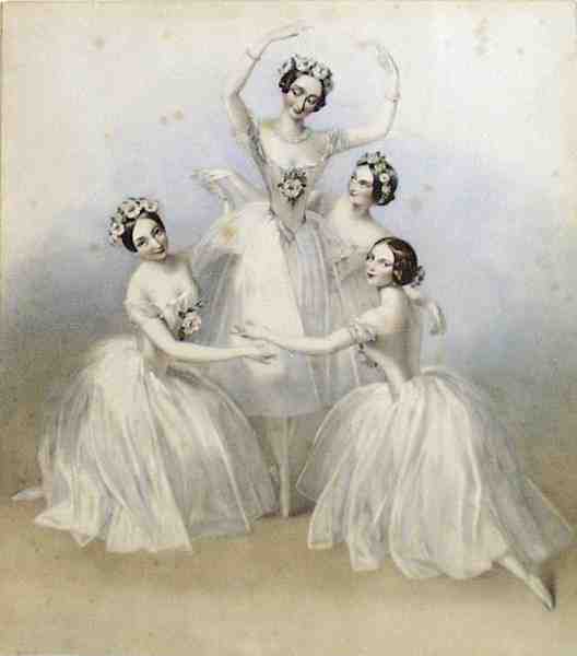 Pas de Quatre con Fanny Cerrito, Lucile Grahn, Carlotta Grisi, e Maria Taglioni in una litografia di T.H. Maguire pubblicata nel 1845